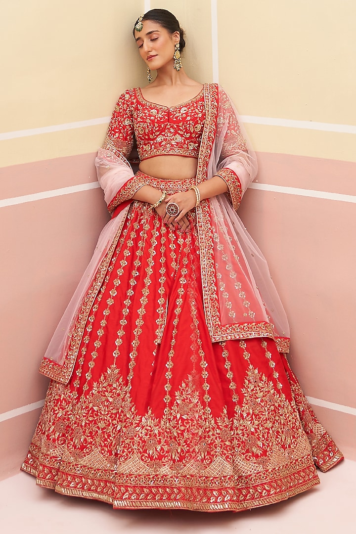 Red Raw Silk Zardosi Embroidered Wedding Lehenga Set by Angad Singh at Pernia's Pop Up Shop