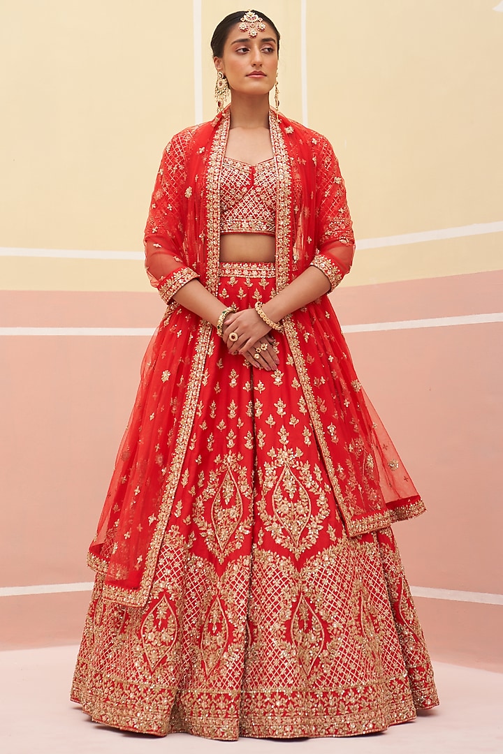 Red Raw Silk Zardosi Embroidered Lehenga Set by Angad Singh