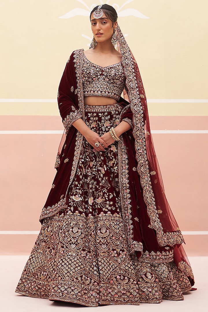 Maroon Velvet Zardosi Embroidered Wedding Lehenga Set by Angad Singh at Pernia's Pop Up Shop