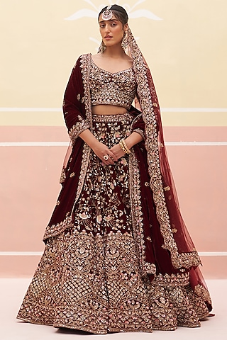 Maroon Velvet Zardosi Embroidered Lehenga Set by Angad Singh