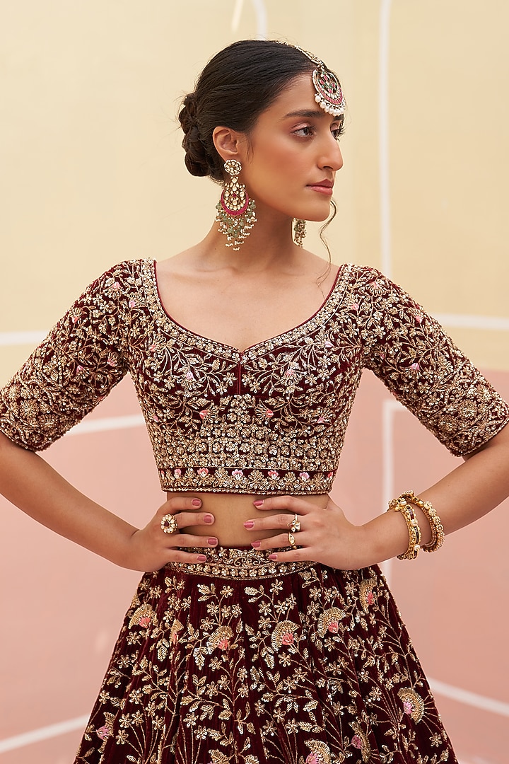 Maroon Velvet Zardosi Embroidered Wedding Lehenga Set by Angad Singh at Pernia's Pop Up Shop