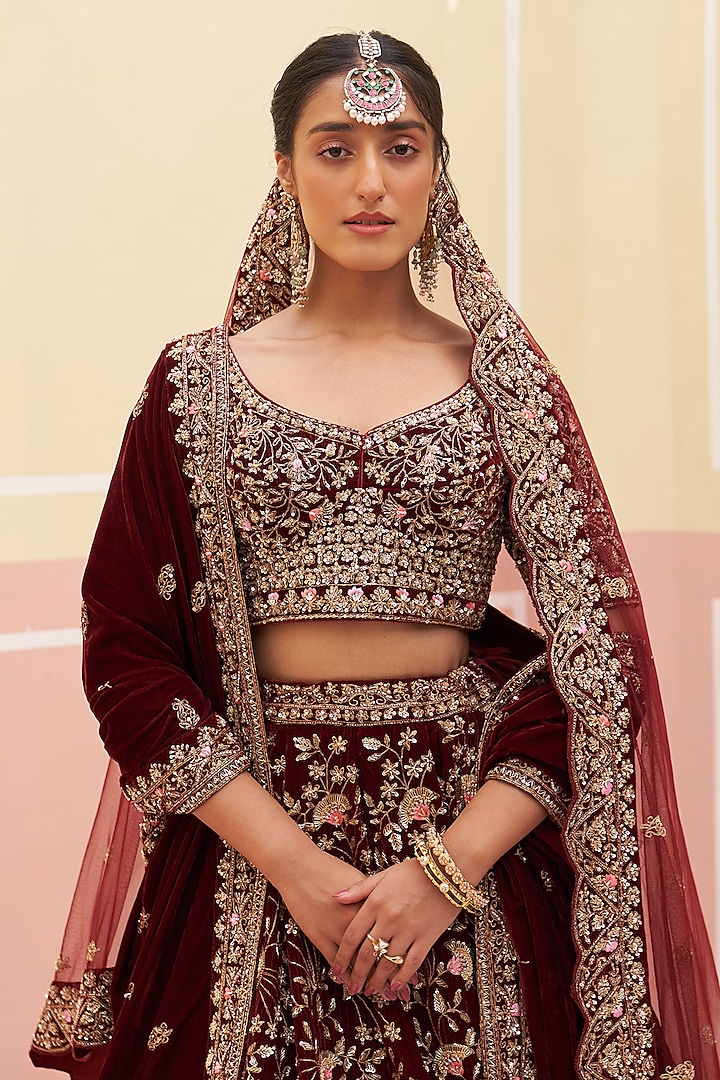 Maroon Velvet Zardosi Embroidered Wedding Lehenga Set by Angad Singh at Pernia's Pop Up Shop