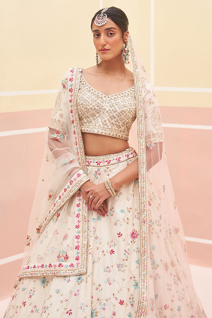 Ivory Raw Silk Zardosi Embroidered Wedding Lehenga Set by Angad Singh at Pernia's Pop Up Shop