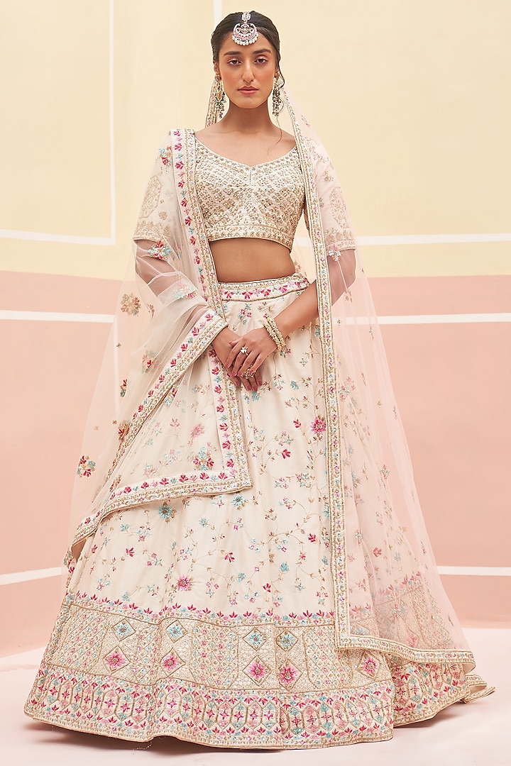 Ivory Raw Silk Zardosi Embroidered Wedding Lehenga Set by Angad Singh at Pernia's Pop Up Shop