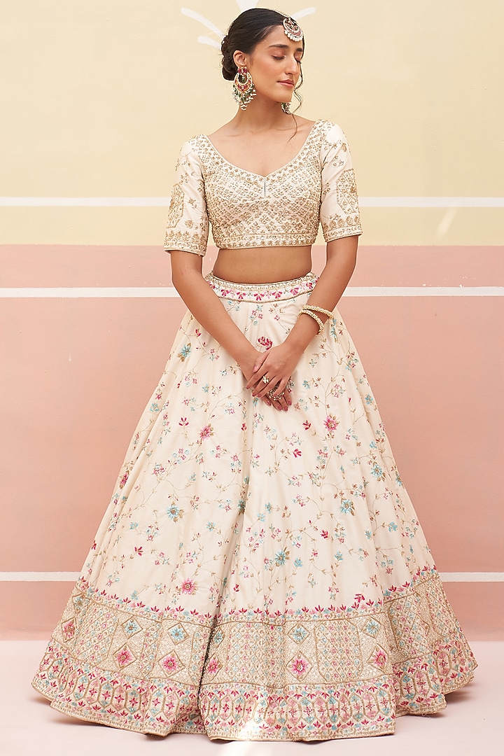 Ivory Raw Silk Zardosi Embroidered Wedding Lehenga Set by Angad Singh at Pernia's Pop Up Shop