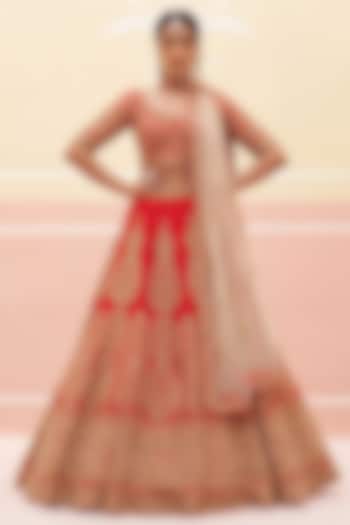 Red Raw Silk Zardosi Embroidered Bridal Lehenga Set by Angad Singh at Pernia's Pop Up Shop