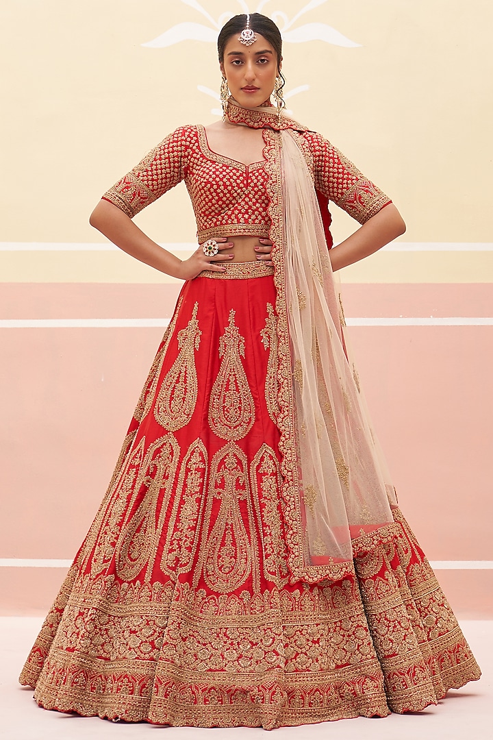 Designer Red Bridal Lehenga Choli In Raw Silk