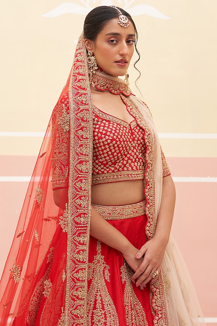 Red Raw Silk Zardosi Embroidered Bridal Lehenga Set by Angad Singh at Pernia's Pop Up Shop
