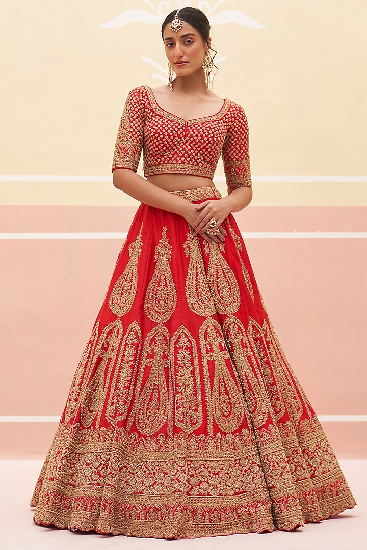 Red Raw Silk Zardosi Embroidered Bridal Lehenga Set by Angad Singh at Pernia's Pop Up Shop