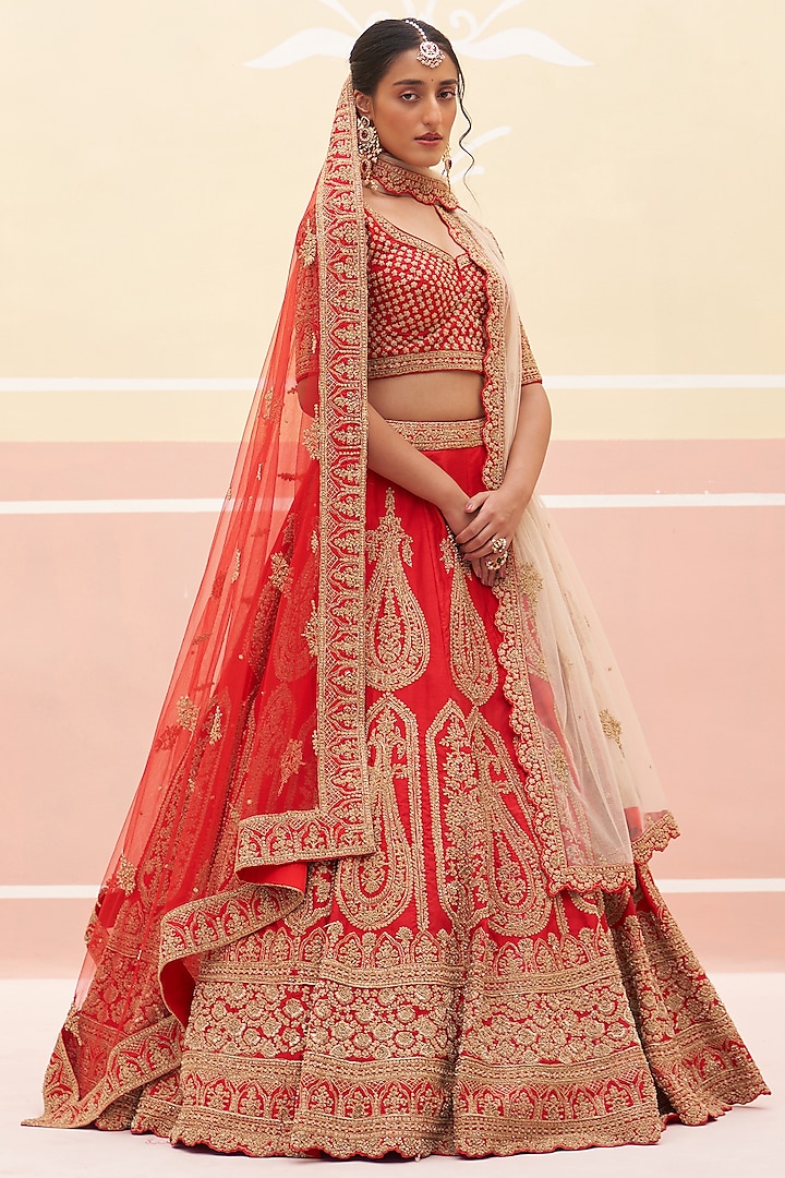 Red Raw Silk Zardosi Embroidered Bridal Lehenga Set by Angad Singh at Pernia's Pop Up Shop