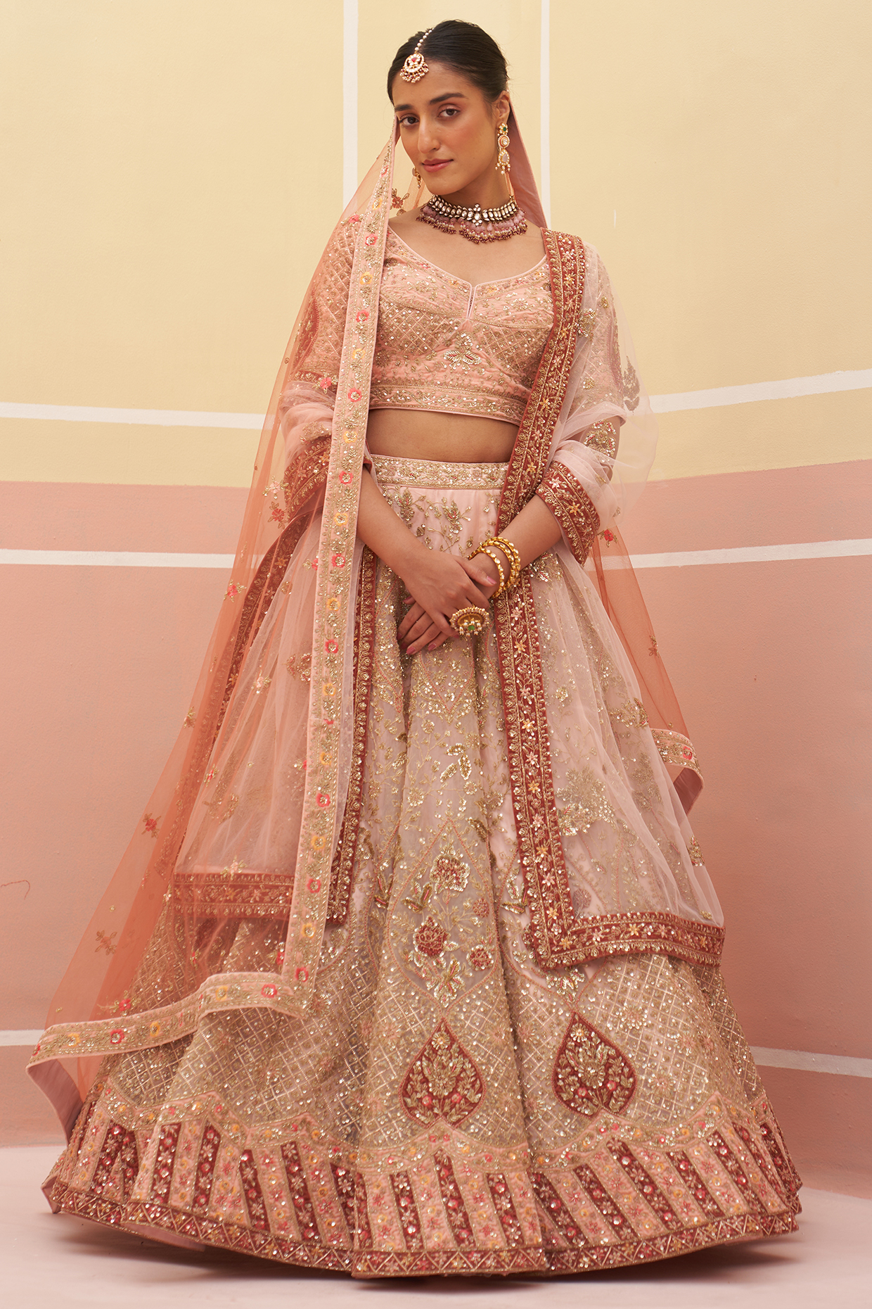 Peach Organza Zardosi Embroidered Wedding Lehenga Set by Angad Singh at Pernia's Pop Up Shop