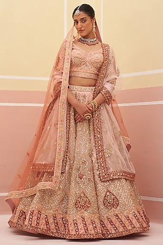 Peach Organza Zardosi Embroidered Lehenga Set by Angad Singh