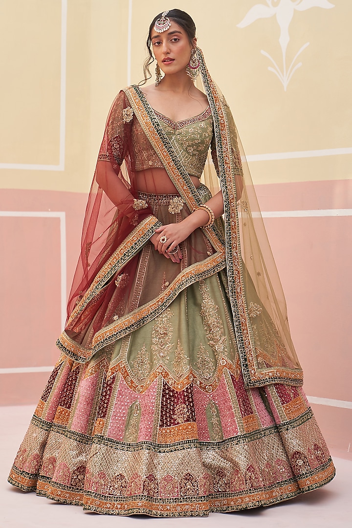 Green Raw Silk Zardosi Embroidered Wedding Lehenga Set by Angad Singh at Pernia's Pop Up Shop