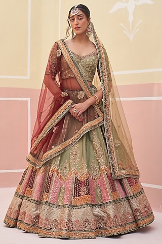 Green Raw Silk Zardosi Embroidered Lehenga Set by Angad Singh
