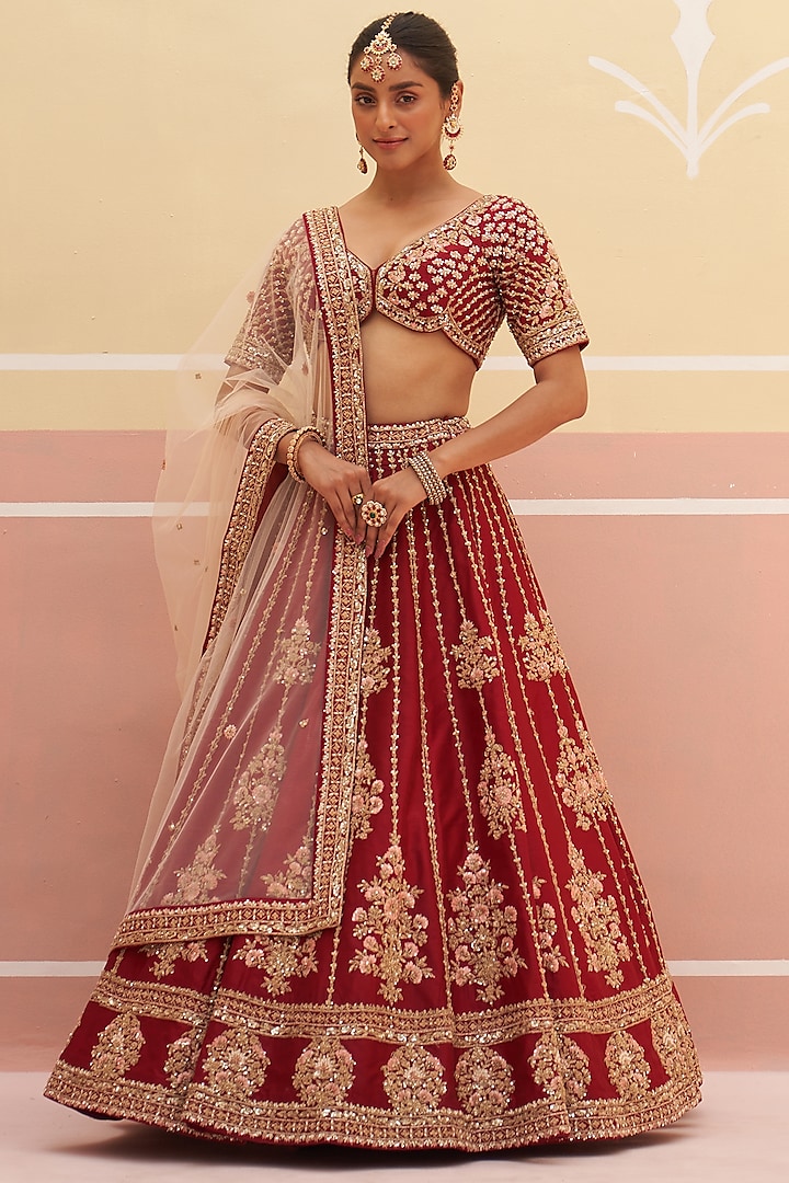 Maroon Raw Silk Zardosi Embroidered Wedding Lehenga Set by Angad Singh at Pernia's Pop Up Shop