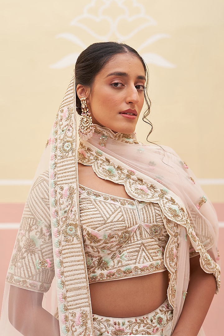 Ivory Raw Silk Zardosi Embroidered Wedding Lehenga Set by Angad Singh at Pernia's Pop Up Shop