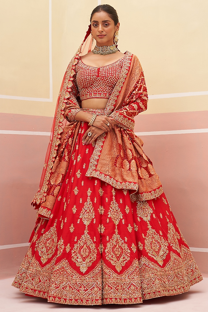 Red Raw Silk Zardosi Embroidered Wedding Lehenga Set by Angad Singh at Pernia's Pop Up Shop