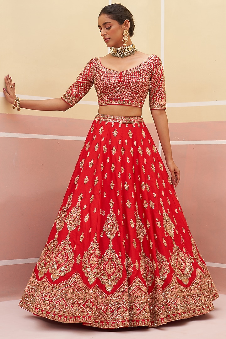 Red Raw Silk Zardosi Embroidered Wedding Lehenga Set by Angad Singh at Pernia's Pop Up Shop