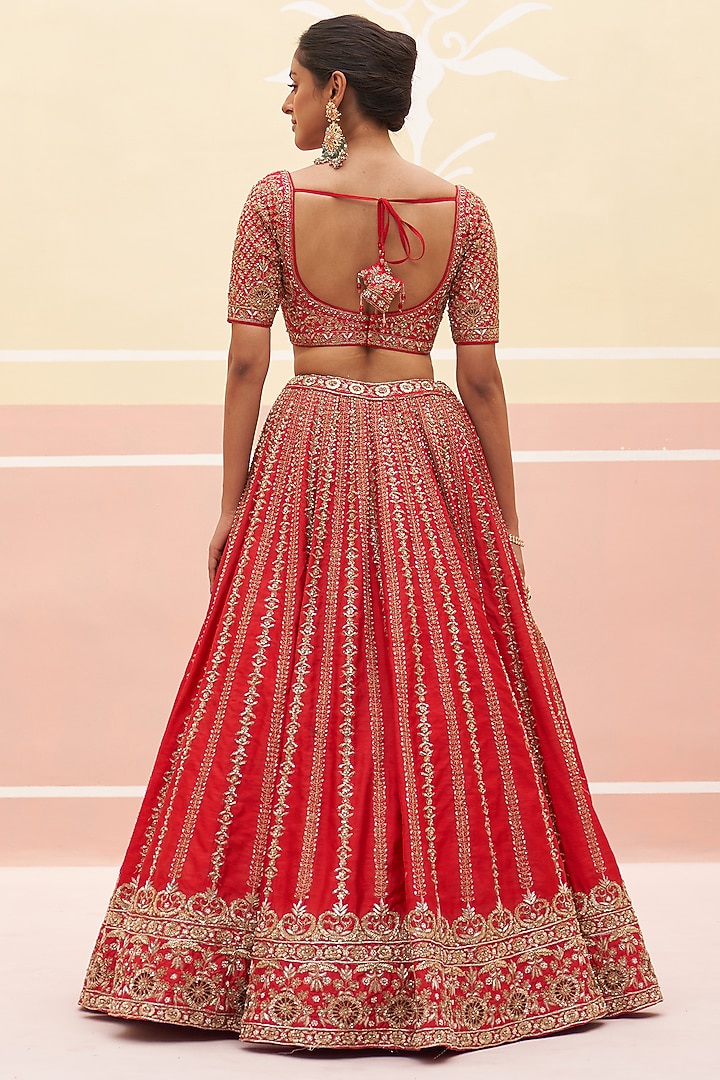 Red Raw Silk Zardosi Embroidered Wedding Lehenga Set by Angad Singh at Pernia's Pop Up Shop