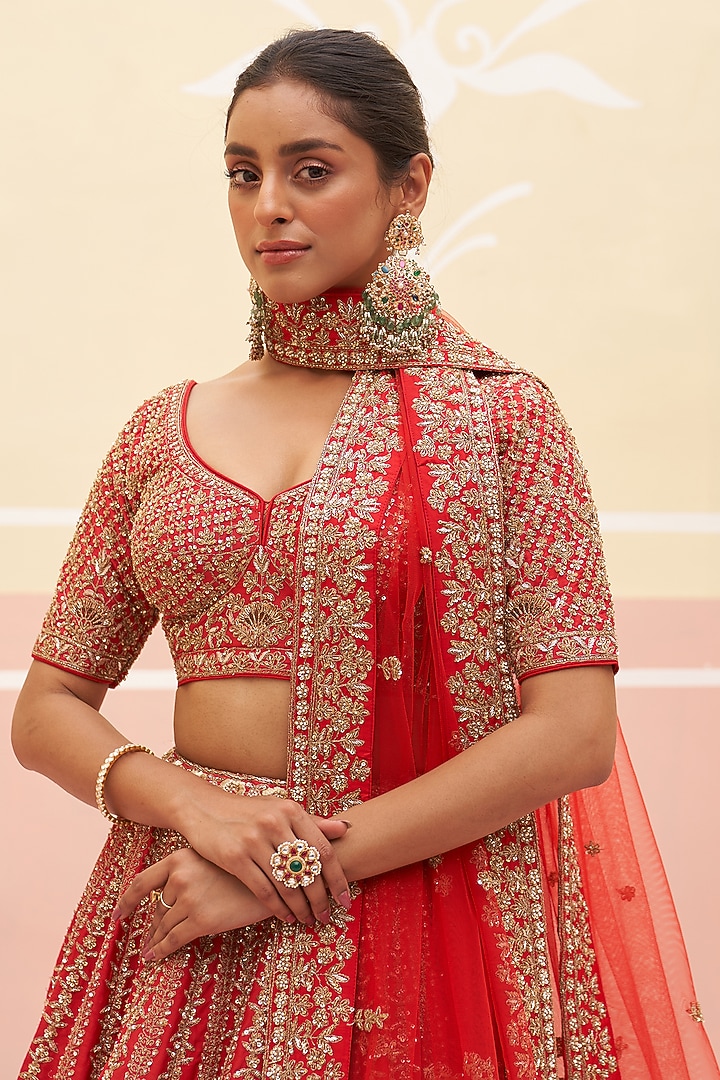 Red Raw Silk Zardosi Embroidered Wedding Lehenga Set by Angad Singh at Pernia's Pop Up Shop