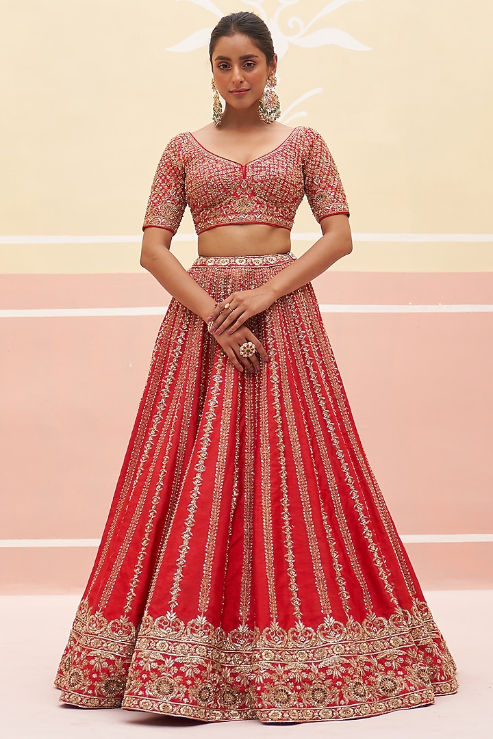 Red Raw Silk Zardosi Embroidered Wedding Lehenga Set by Angad Singh at Pernia's Pop Up Shop