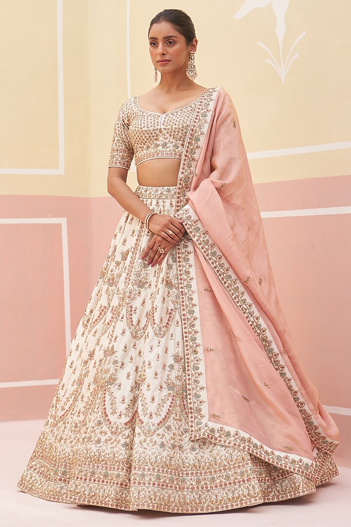 Ivory Raw Silk Zardosi Embroidered Bridal Lehenga Set by Angad Singh at Pernia's Pop Up Shop