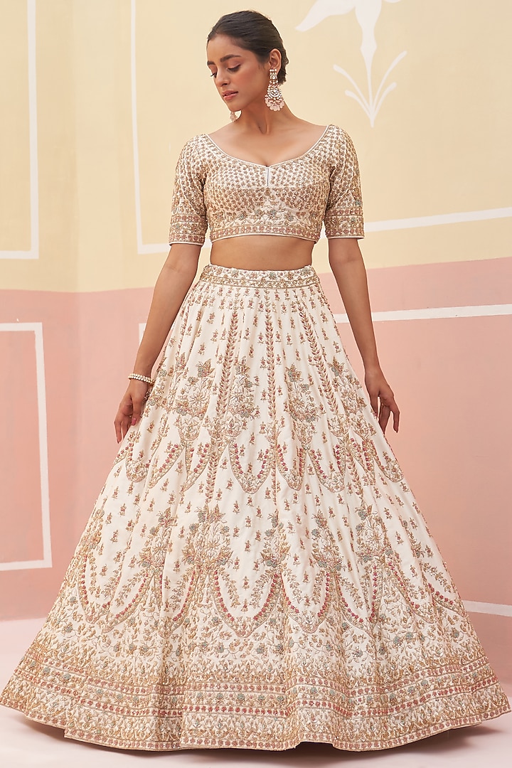 Ivory Raw Silk Zardosi Embroidered Bridal Lehenga Set by Angad Singh at Pernia's Pop Up Shop