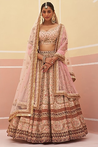 Peach Raw Silk Zardosi Embroidered Lehenga Set by Angad Singh