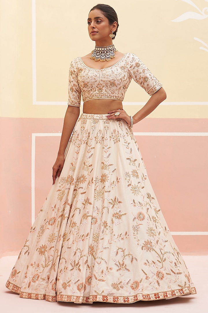 Ivory Raw Silk Zardosi Embroidered Wedding Lehenga Set by Angad Singh at Pernia's Pop Up Shop