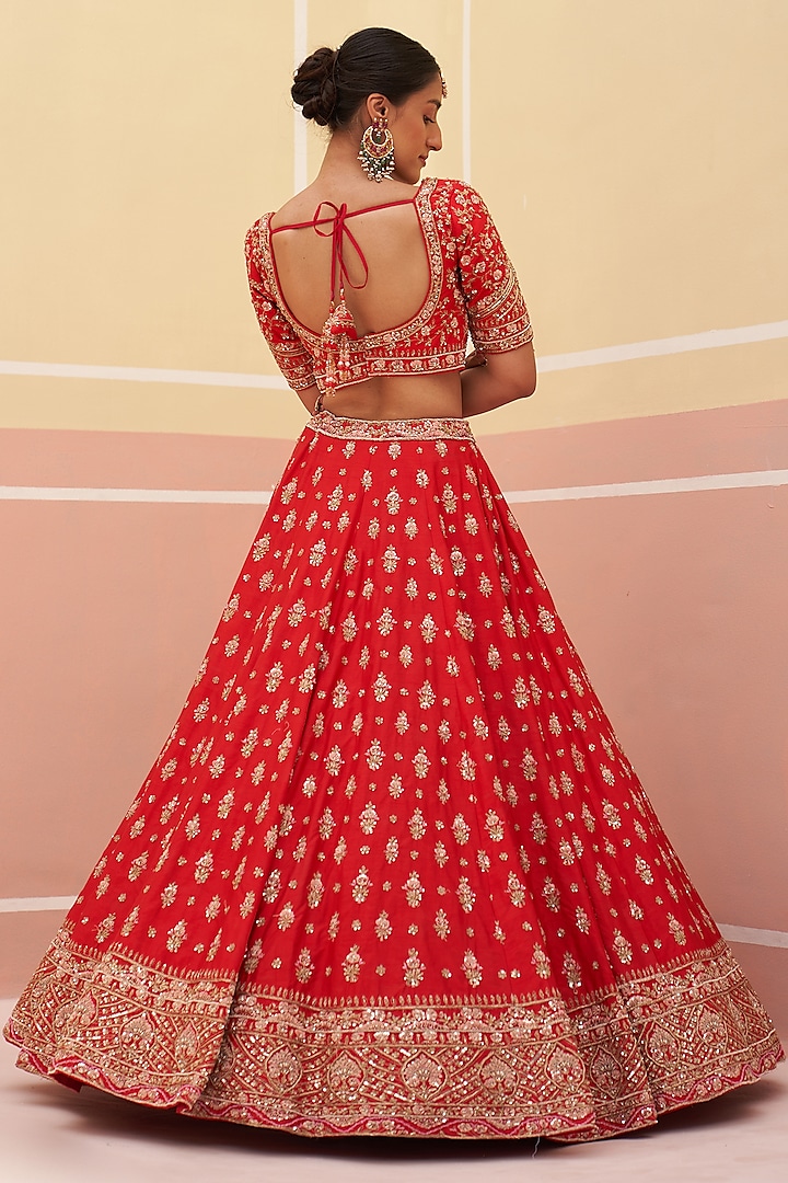 Red Raw Silk Zardosi Embroidered Wedding Lehenga Set by Angad Singh at Pernia's Pop Up Shop