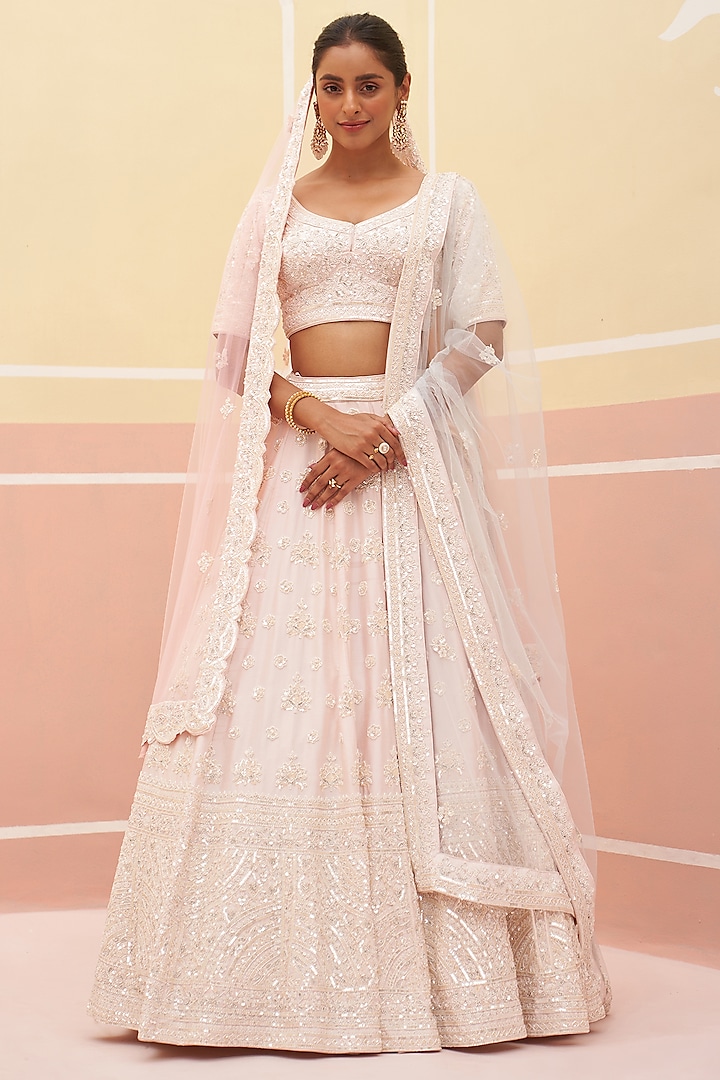 Blush Pink Raw Silk Zardosi Embroidered Lehenga Set by Angad Singh