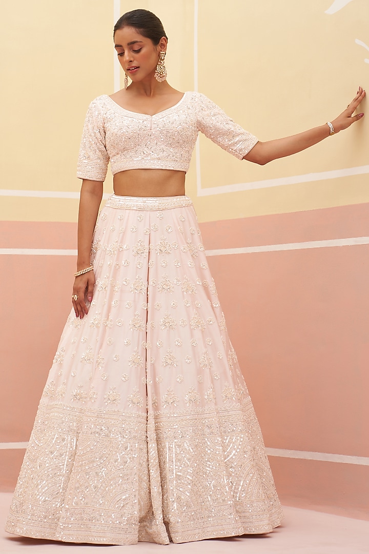 Blush Pink Raw Silk Zardosi Embroidered Wedding Lehenga Set by Angad Singh at Pernia's Pop Up Shop