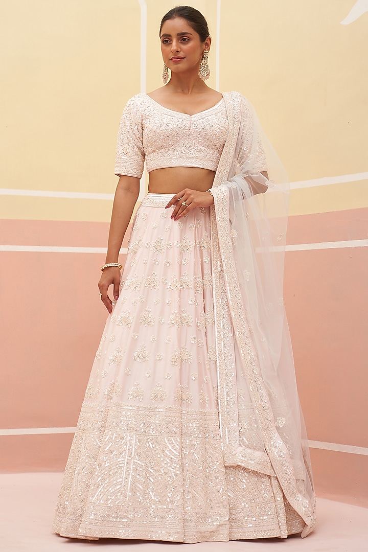 Blush Pink Raw Silk Zardosi Embroidered Wedding Lehenga Set by Angad Singh at Pernia's Pop Up Shop