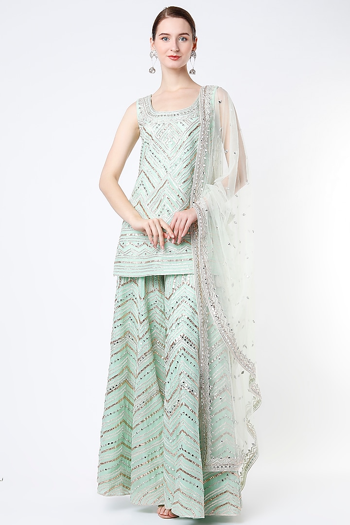 Mint Green Embroidered Wedding Sharara Set by Angad Singh at Pernia's Pop Up Shop