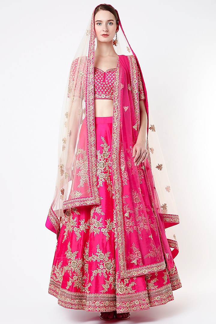 Rani Pink Raw Silk Zardosi Embroidered Wedding Lehenga Set  by Angad Singh at Pernia's Pop Up Shop