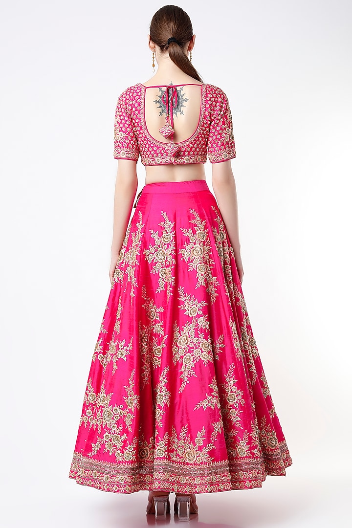 Rani Pink Raw Silk Zardosi Embroidered Wedding Lehenga Set by Angad Singh at Pernia's Pop Up Shop