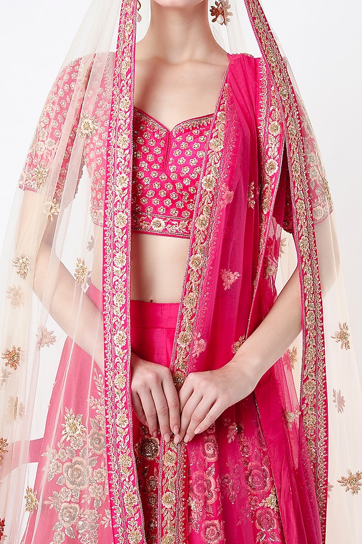 Rani Pink Raw Silk Zardosi Embroidered Wedding Lehenga Set by Angad Singh at Pernia's Pop Up Shop