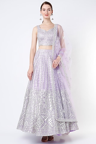 Lavender Net Gota Embroidered Lehenga Set by Angad Singh