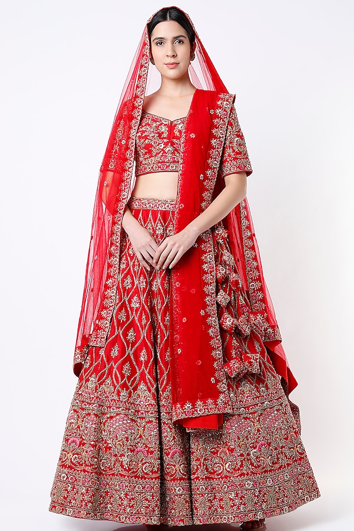 Red Raw Silk Embroidered Lehenga Set Design by Angad Singh at Pernia's ...