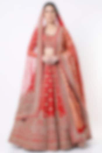 Red Zardosi Raw Silk Embroidered Bridal Lehenga Set  by Angad Singh at Pernia's Pop Up Shop