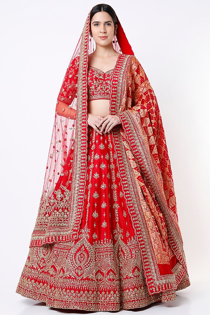 Red Zardosi Raw Silk Embroidered Bridal Lehenga Set  by Angad Singh at Pernia's Pop Up Shop
