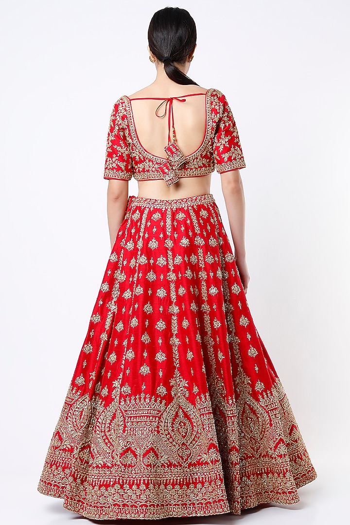 Red Zardosi Raw Silk Embroidered Bridal Lehenga Set by Angad Singh at Pernia's Pop Up Shop