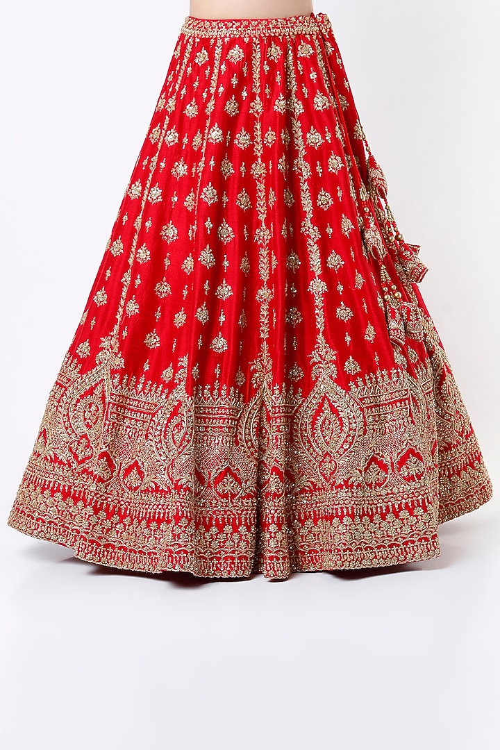 Red Zardosi Raw Silk Embroidered Bridal Lehenga Set by Angad Singh at Pernia's Pop Up Shop