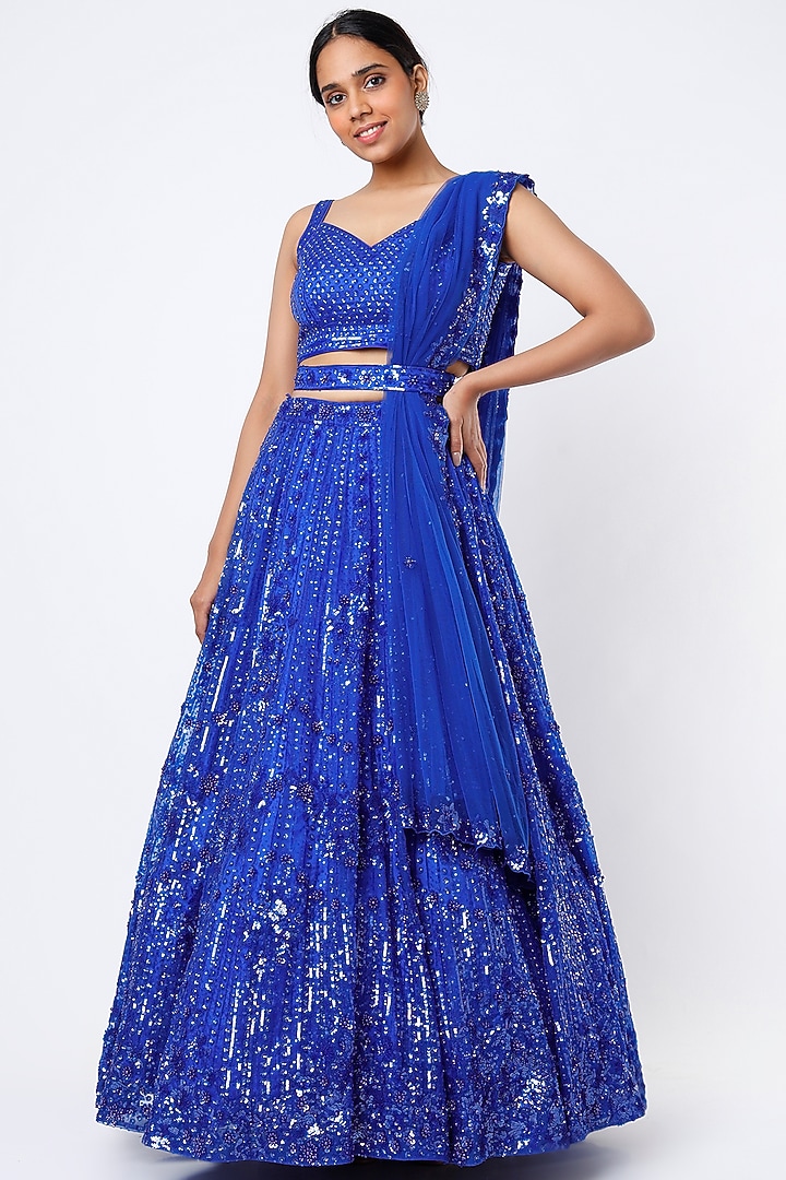 Cobalt Blue Organza Embroidered Wedding Lehenga Set by Angad Singh at Pernia's Pop Up Shop