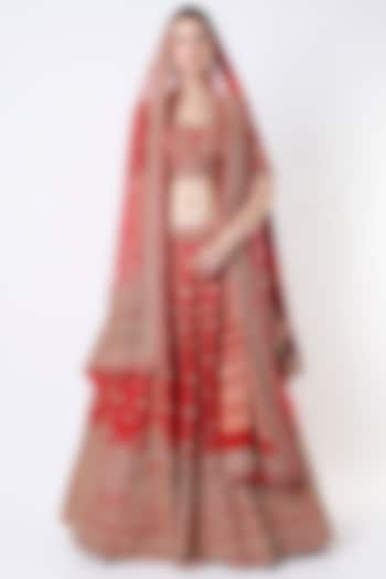 Fiery Red Raw Silk Embroidered Lehenga Set by Angad Singh