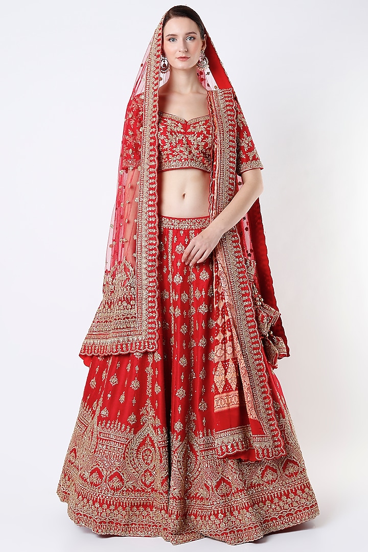 Fiery Red Raw Silk Embroidered Lehenga Set by Angad Singh