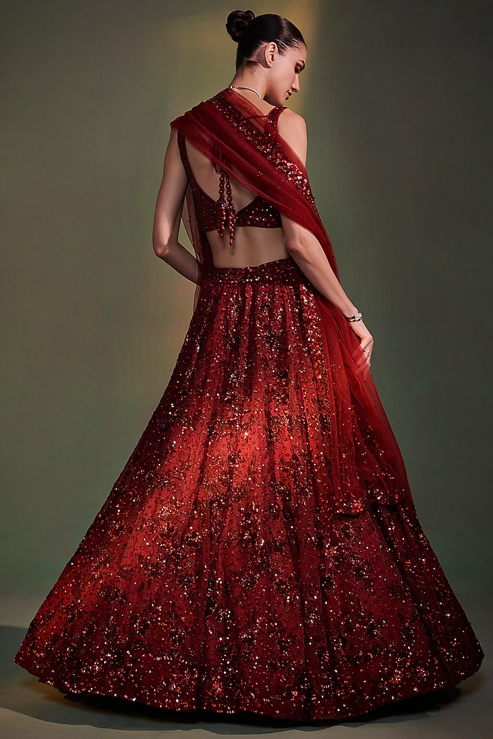 Burgundy Organza Embroidered Bridal Lehenga Set by Angad Singh at Pernia's Pop Up Shop
