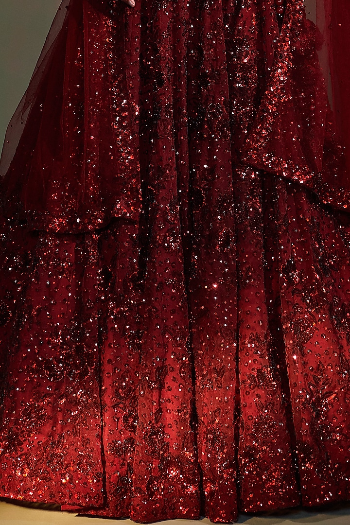 Burgundy Organza Embroidered Bridal Lehenga Set by Angad Singh at Pernia's Pop Up Shop
