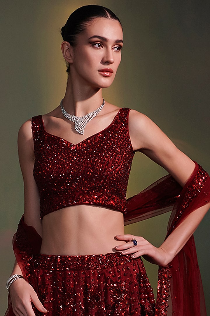 Burgundy Organza Embroidered Bridal Lehenga Set by Angad Singh at Pernia's Pop Up Shop