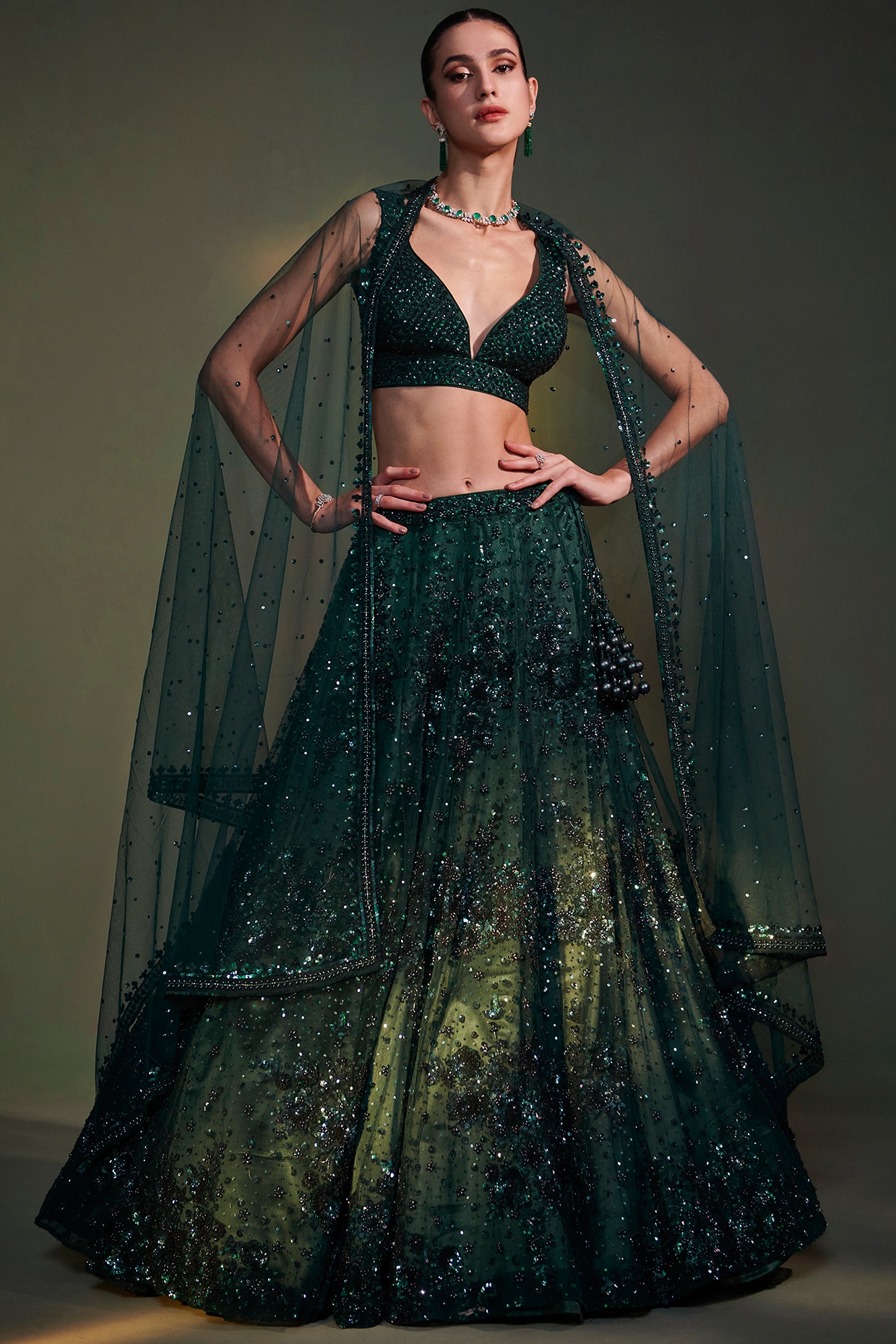 Pista Green Sequinned Chevron Design Lehenga in Georgette with...